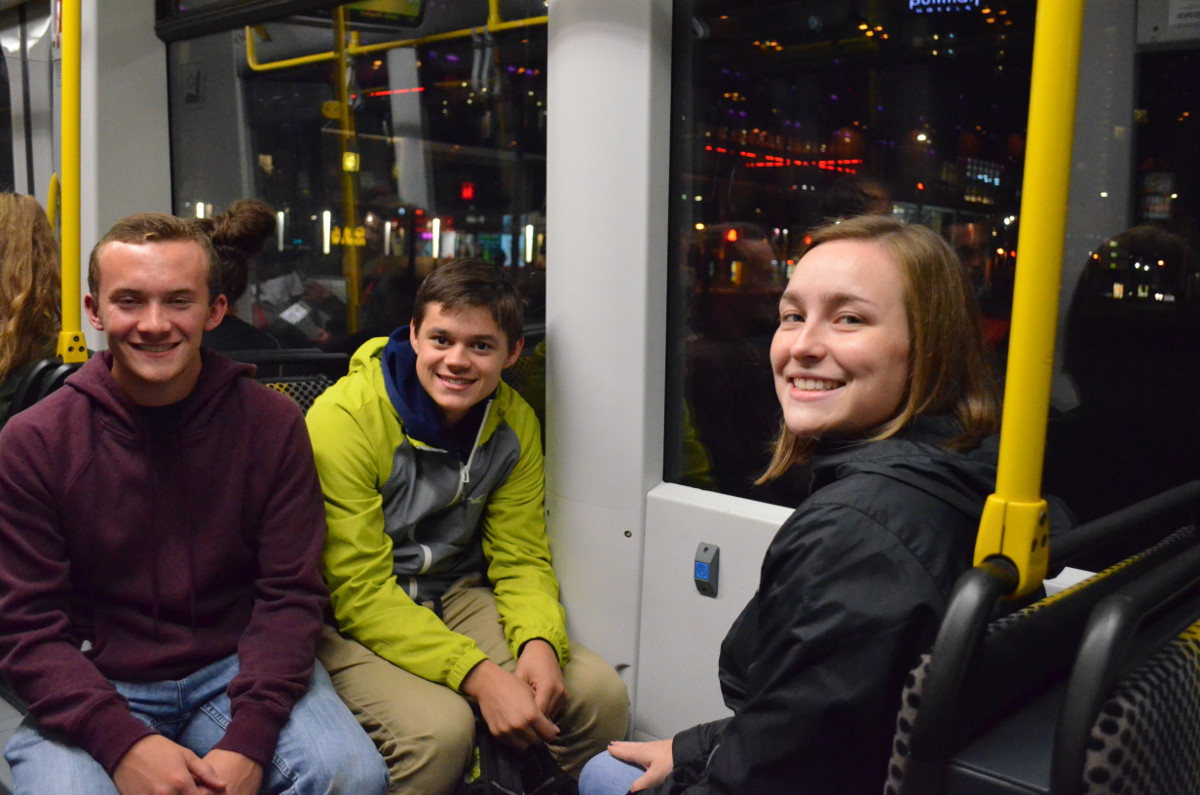 Students in a tram